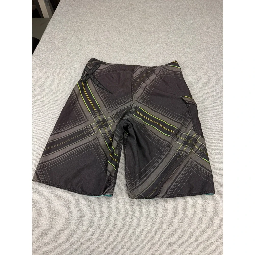 Fox Racing Mens Plaid Board Shorts Size 34 Gray Neon Green Cargo Pocket Swimwear
